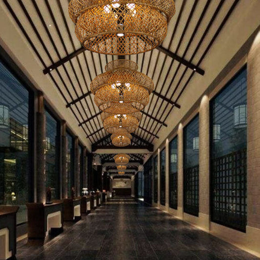 Rattan Woven Tiered Chandelier - 4 or 6 Lights, Wood Tone